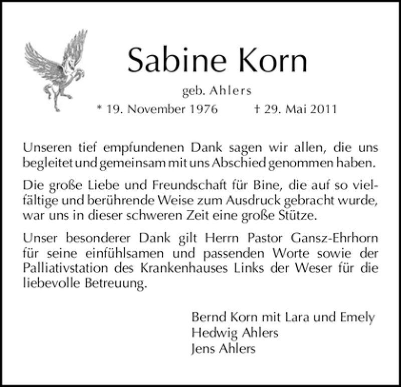 Traueranzeige von Sabine Korn von WESER-KURIER