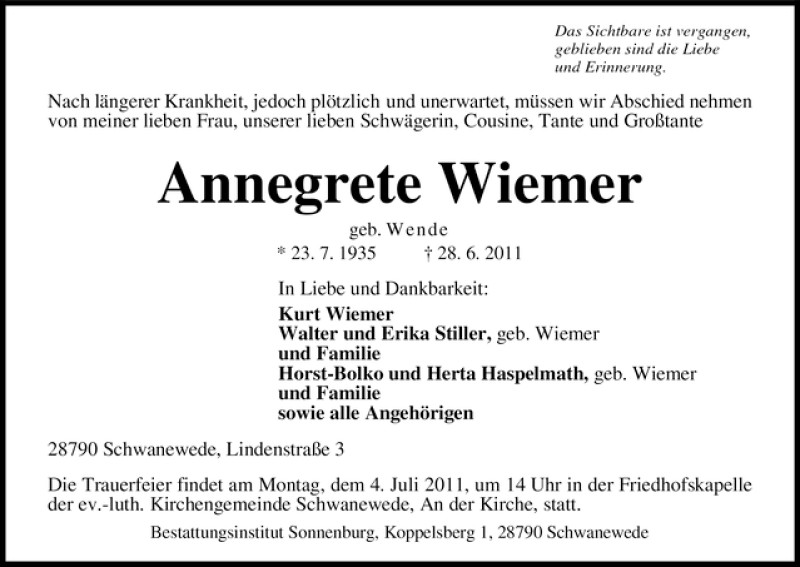 Traueranzeige von Annegret Wiemer von WESER-KURIER