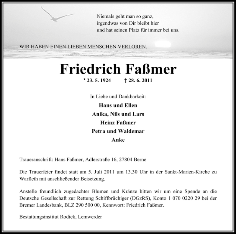 Traueranzeige von Friedrich Faßmer von WESER-KURIER