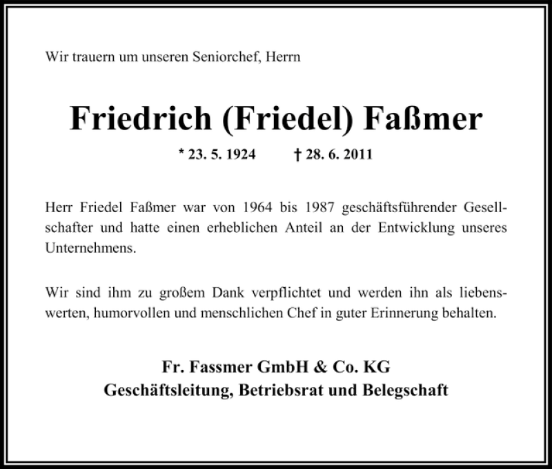 Traueranzeige von Friedrich Faßmer von WESER-KURIER
