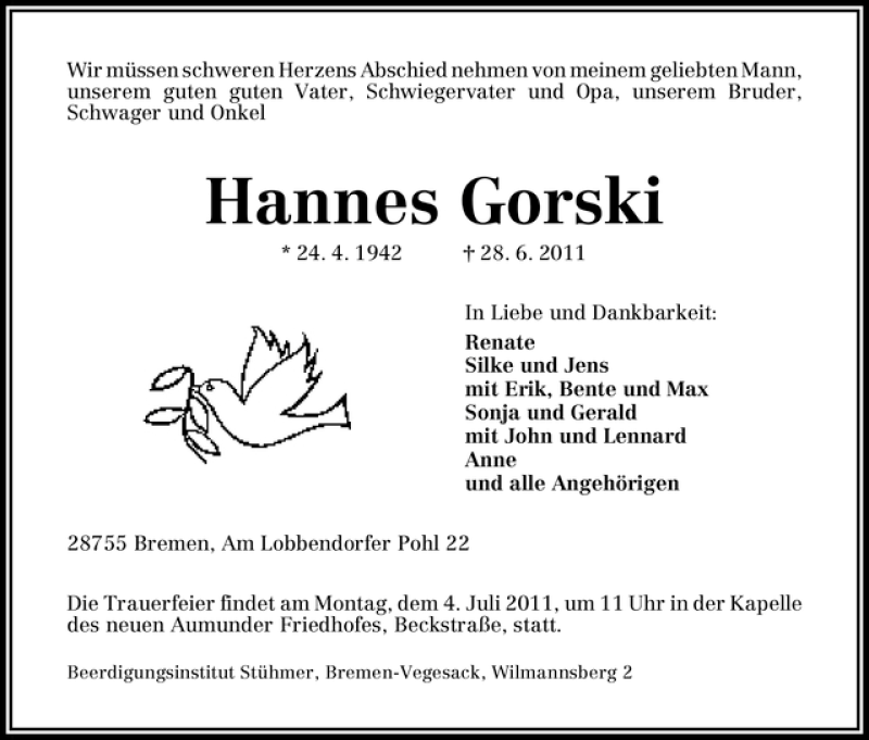 Traueranzeige von Hannes Gorski von WESER-KURIER