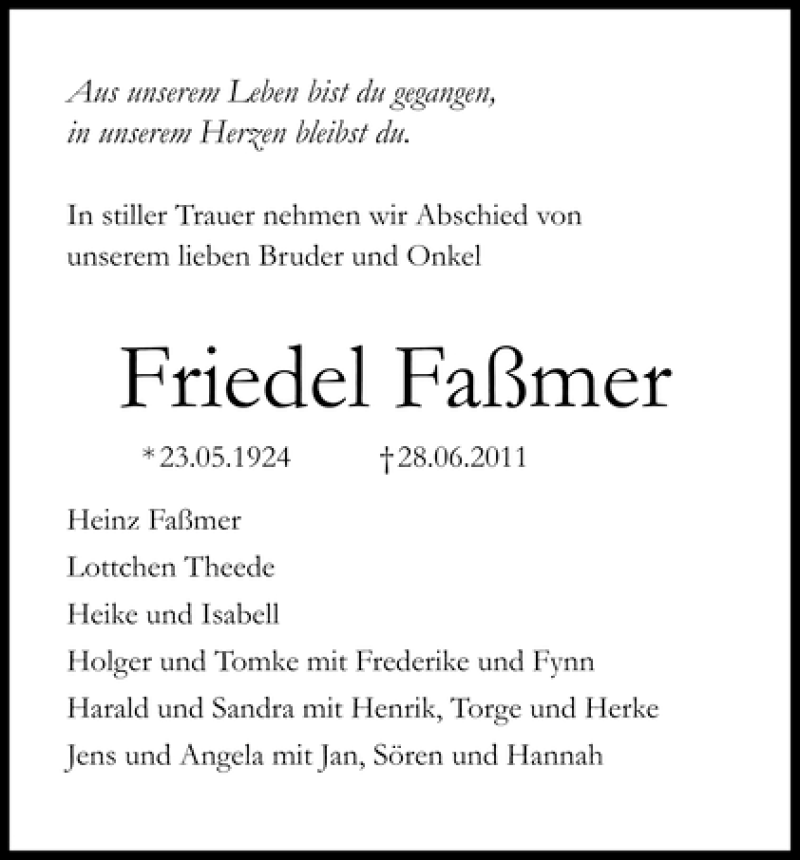 Traueranzeige von Friedrich Faßmer von WESER-KURIER