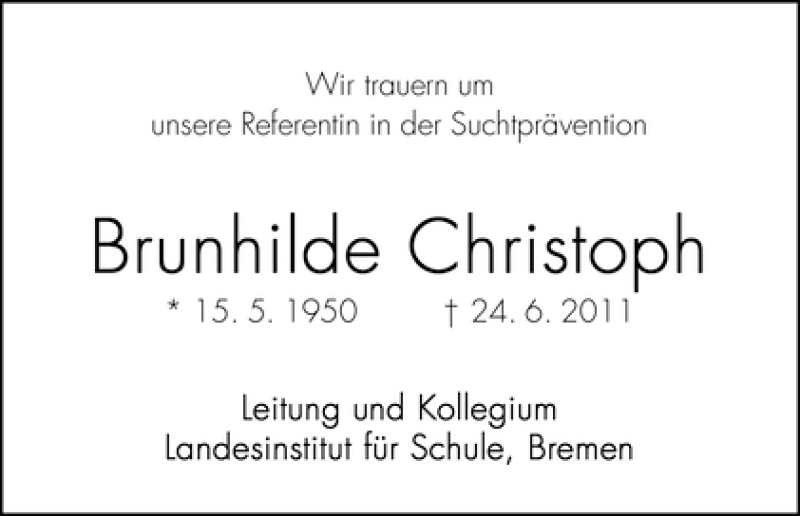 Traueranzeige von Brunhilde Christoph von WESER-KURIER
