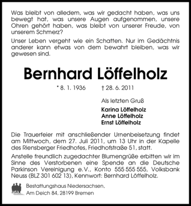 Traueranzeige von Bernhard Löffelholz von WESER-KURIER