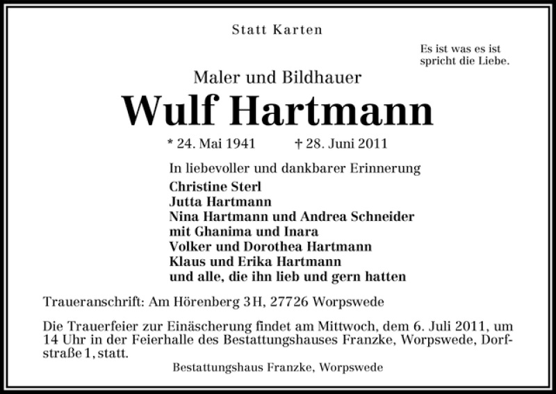Traueranzeige von Wulf Hartmann von WESER-KURIER