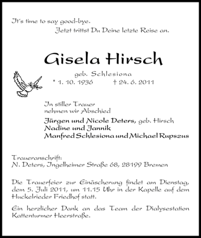 Traueranzeige von Gisela Hirsch von WESER-KURIER