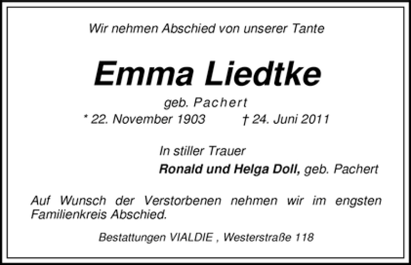 Traueranzeige von Emma Liedtke von WESER-KURIER