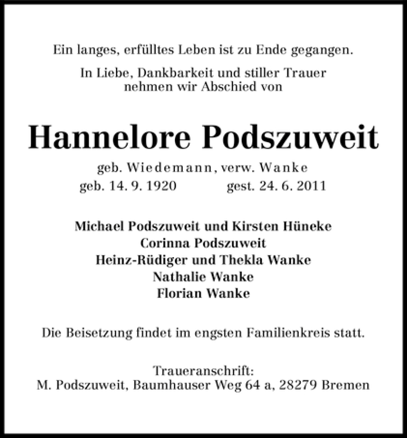 Traueranzeige von Hannelore Podszuweit von WESER-KURIER
