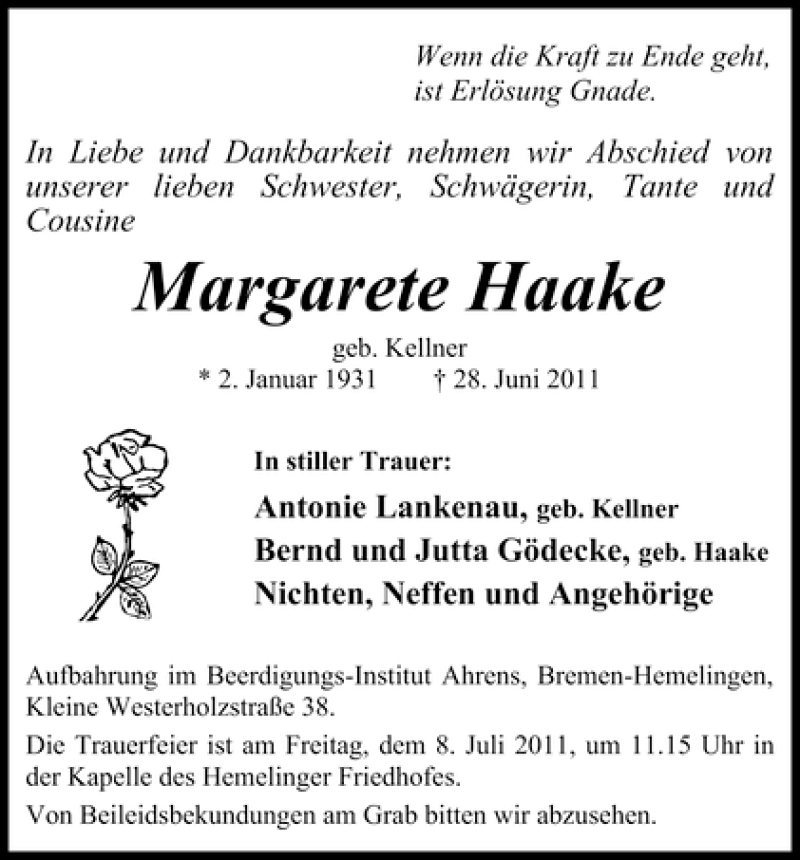 Traueranzeige von Margarete Haake von WESER-KURIER