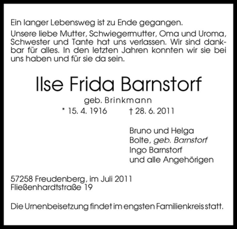 Traueranzeige von Barnstorf Ilse Frieda von WESER-KURIER