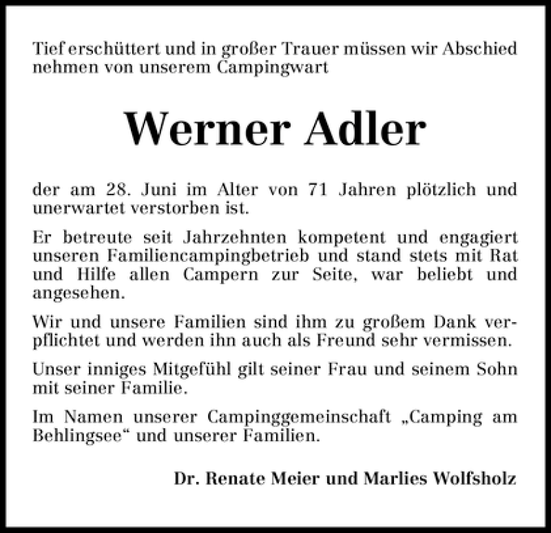 Traueranzeige von Werner Adler von WESER-KURIER