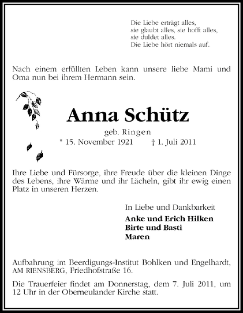 Traueranzeige von Anna Schütz von WESER-KURIER