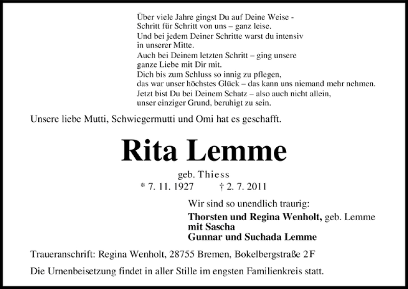 Traueranzeige von Rita Lemme von WESER-KURIER
