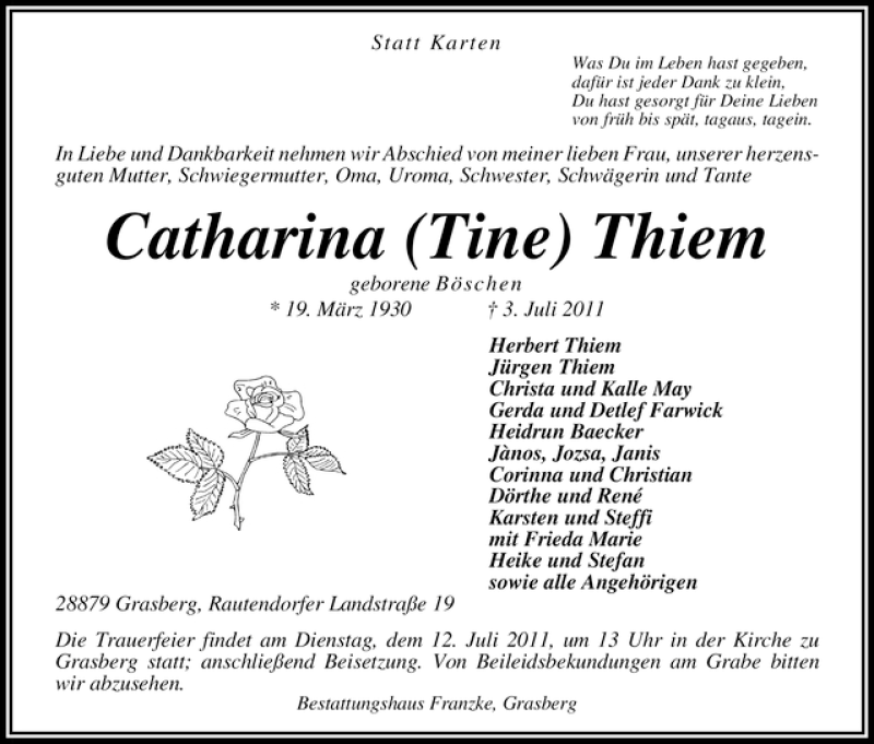 Traueranzeige von Catharina Thiem von WESER-KURIER
