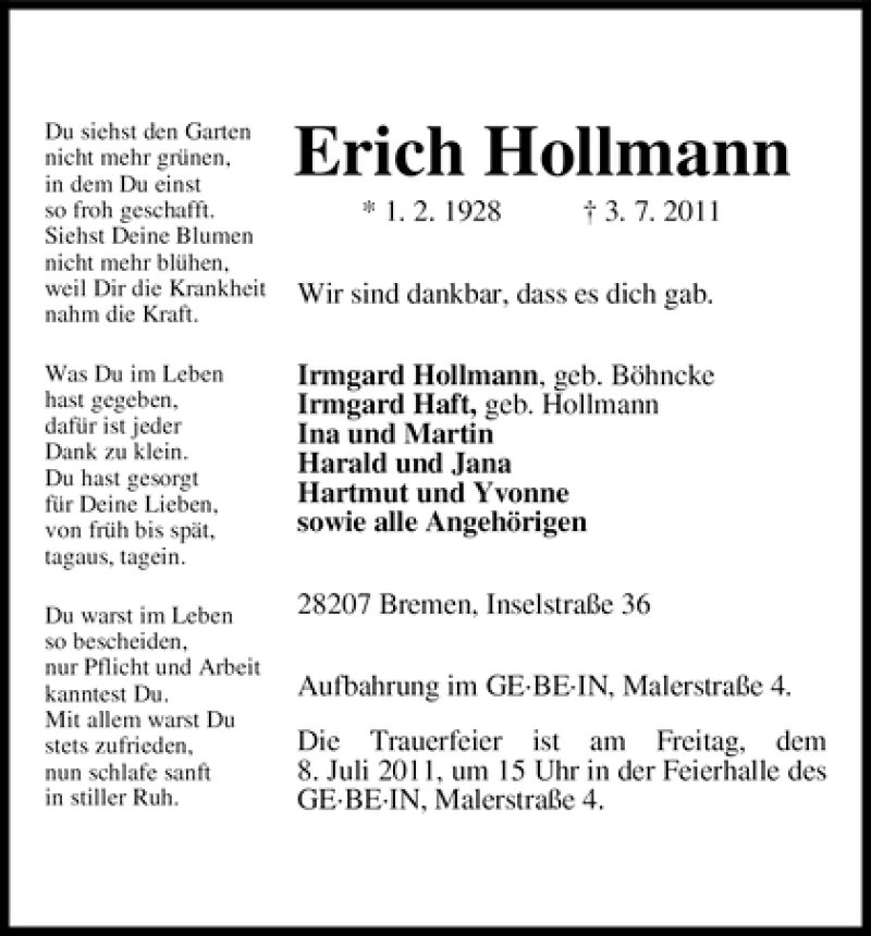 Traueranzeige von Erich Hollmann von WESER-KURIER