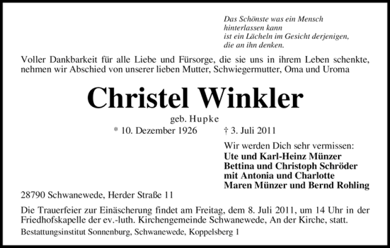 Traueranzeige von Christel Winkler von WESER-KURIER