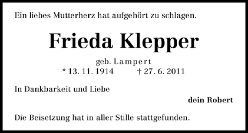 Traueranzeige von Frieda Klepper von WESER-KURIER