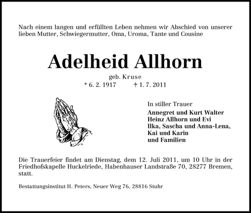Traueranzeige von Adelheid Allhorn von WESER-KURIER