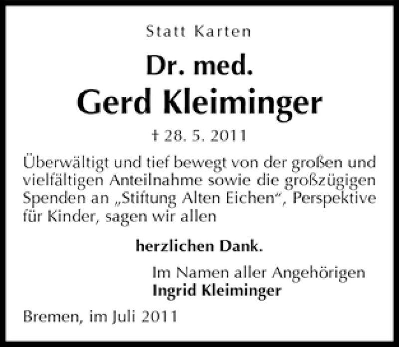 Traueranzeige von Gerd Kleiminger von WESER-KURIER