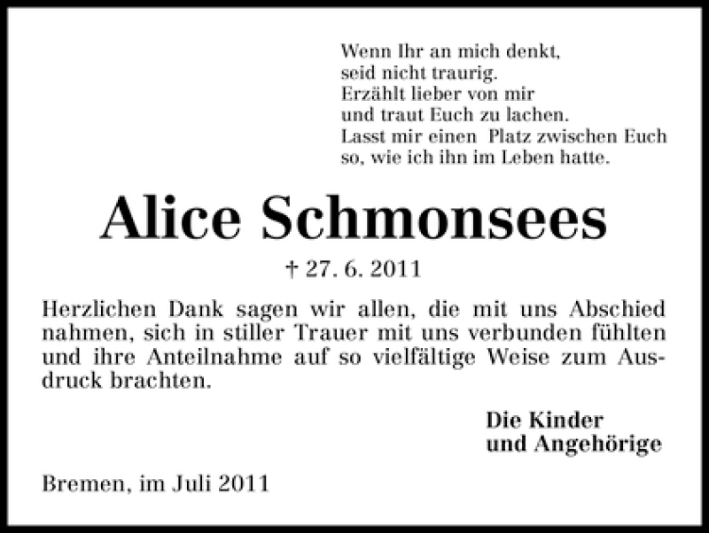 Traueranzeige von Alice Schmonsees von WESER-KURIER