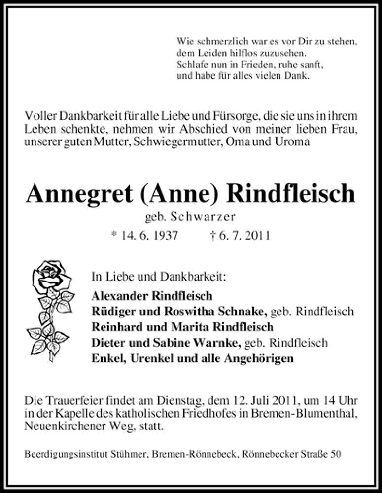 Traueranzeige von Annegret Rindfleisch von WESER-KURIER