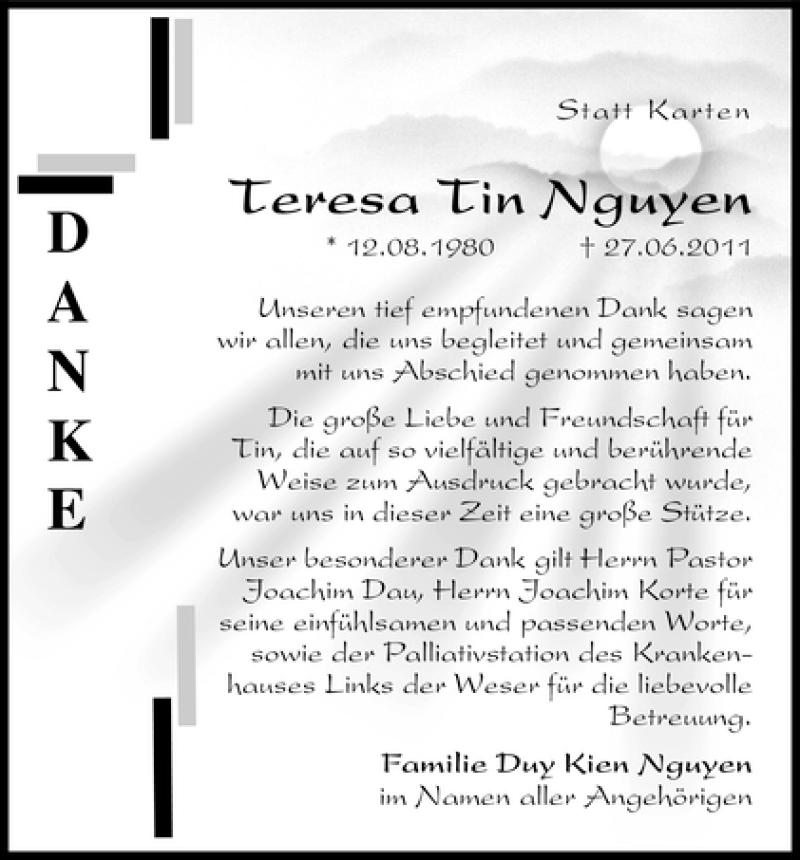 Traueranzeige von Teresa Tin Nguyen von WESER-KURIER