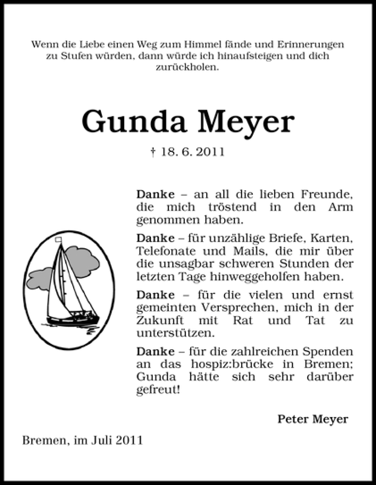 Traueranzeige von Gunda Meyer von WESER-KURIER