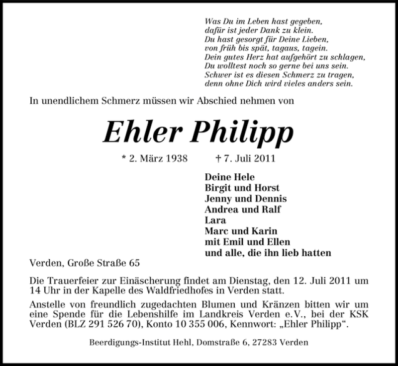Traueranzeige von Ehler Philipp von WESER-KURIER