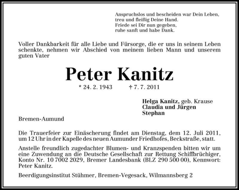 Traueranzeige von Peter Kanitz von WESER-KURIER