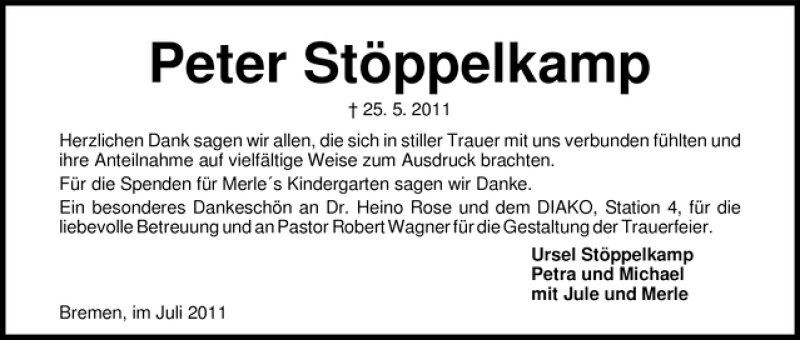 Traueranzeige von Peter Stöppelkamp von WESER-KURIER