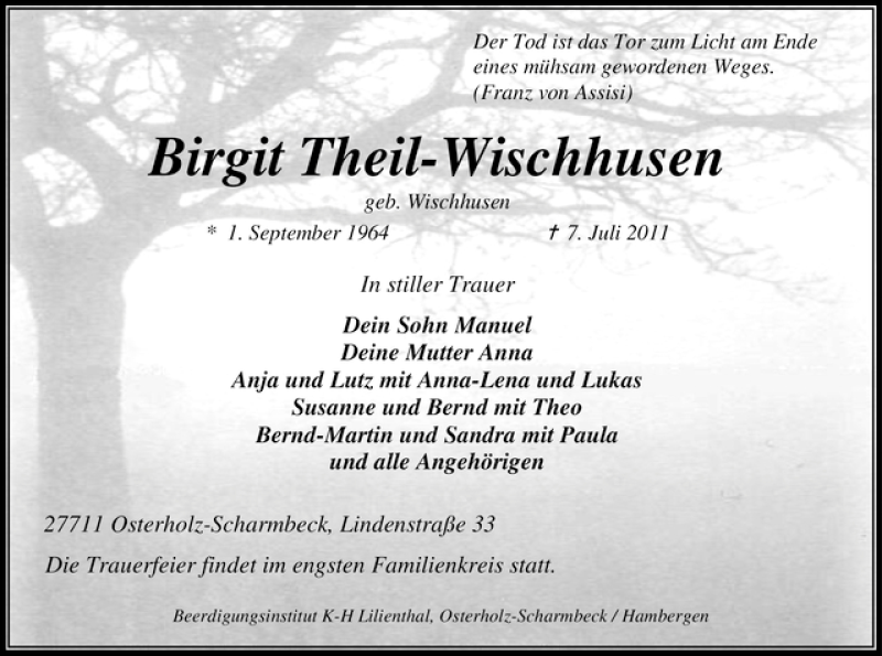 Traueranzeige von Birgit Theil-Wischhusen von WESER-KURIER