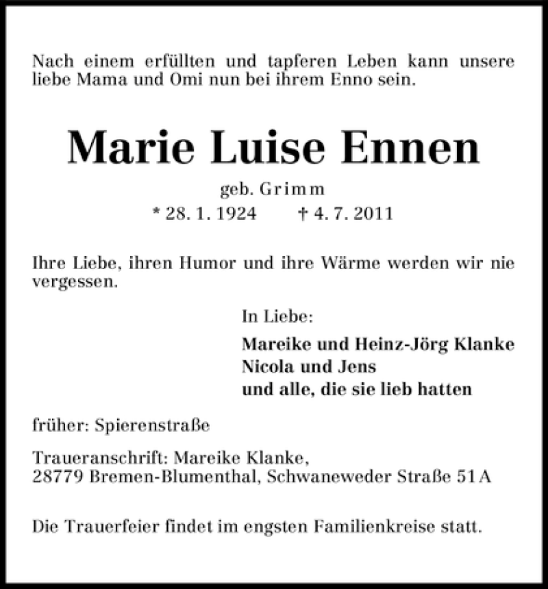 Traueranzeige von Marie Luise Ennen von WESER-KURIER