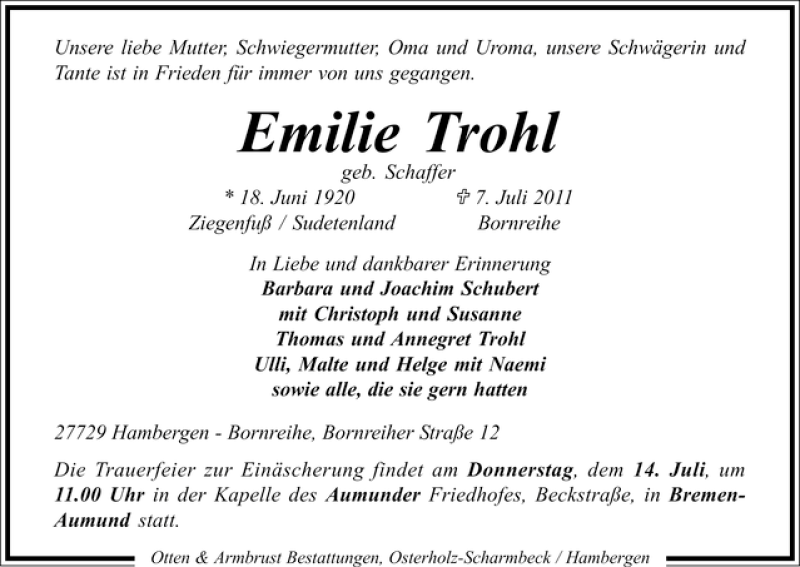 Traueranzeige von Emilie Trohl von WESER-KURIER
