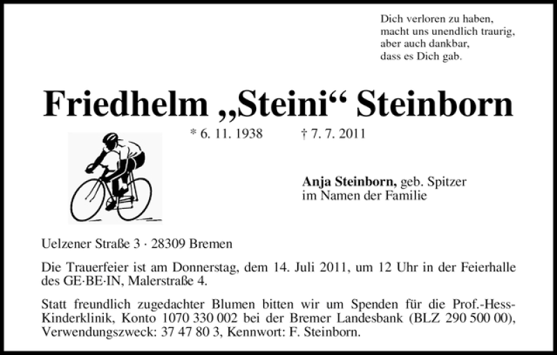 Traueranzeige von Friedhelm Steinborn von WESER-KURIER