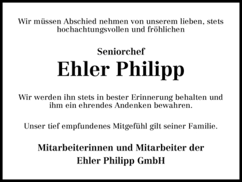 Traueranzeige von Ehler Philipp von WESER-KURIER
