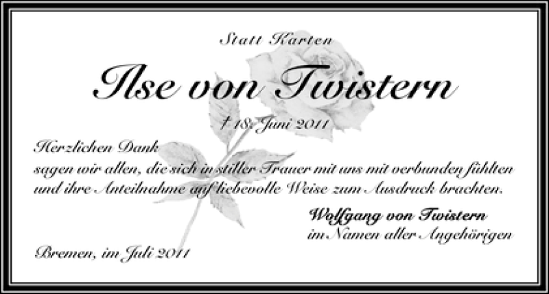 Traueranzeige von Ilse von Twistern von WESER-KURIER