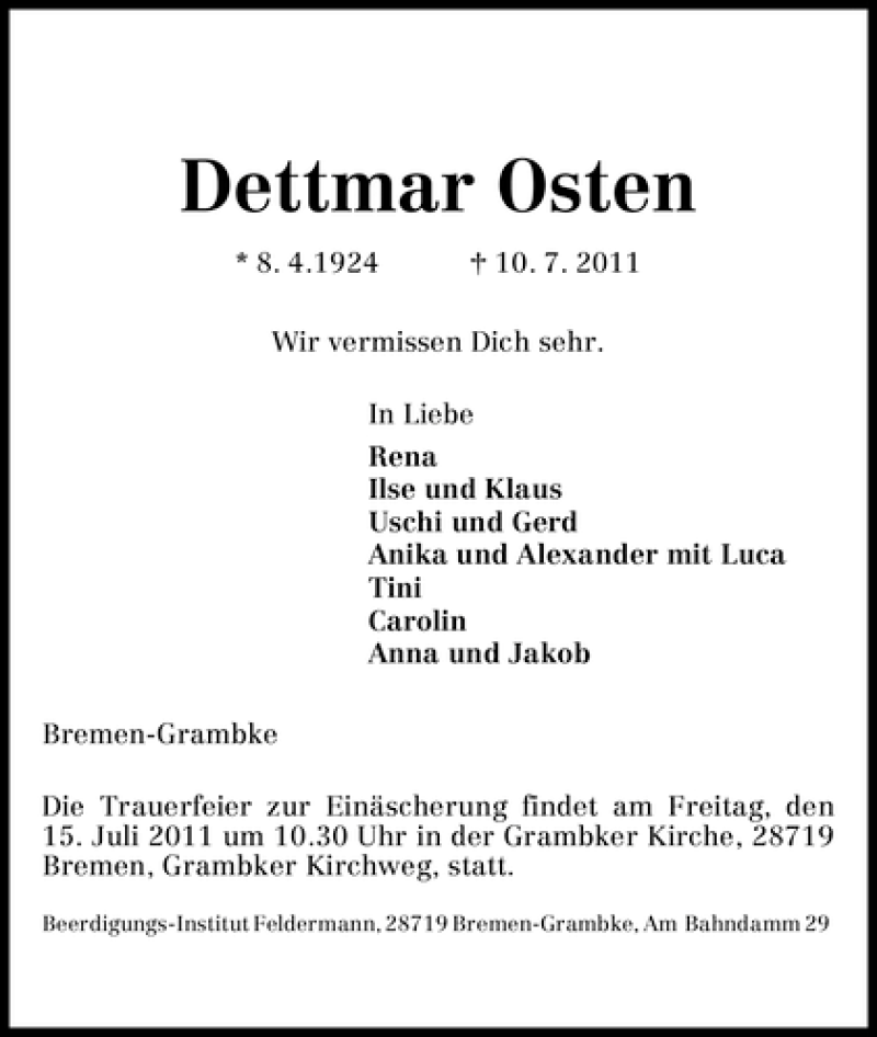 Traueranzeige von Dettmar Osten von WESER-KURIER