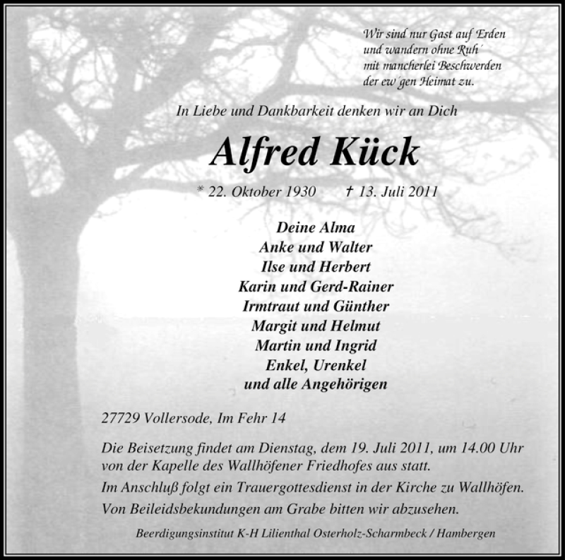 Traueranzeige von Alfred Kück von WESER-KURIER