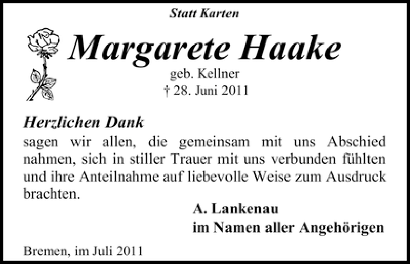 Traueranzeige von Margarete Haake von WESER-KURIER