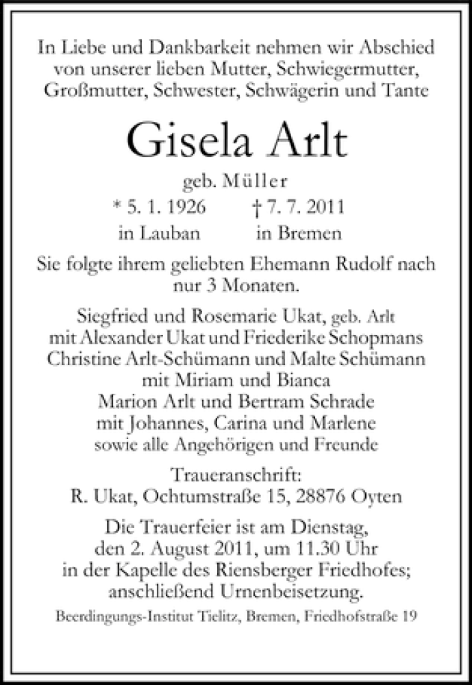 Traueranzeige von Gisela Arlt von WESER-KURIER