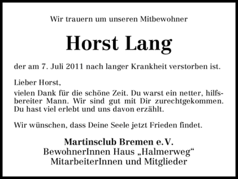 Traueranzeige von Horst Lang von WESER-KURIER