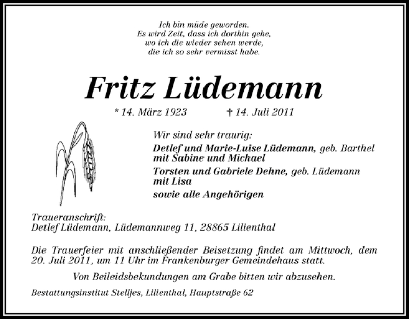 Traueranzeige von Fritz Lüdemann von WESER-KURIER