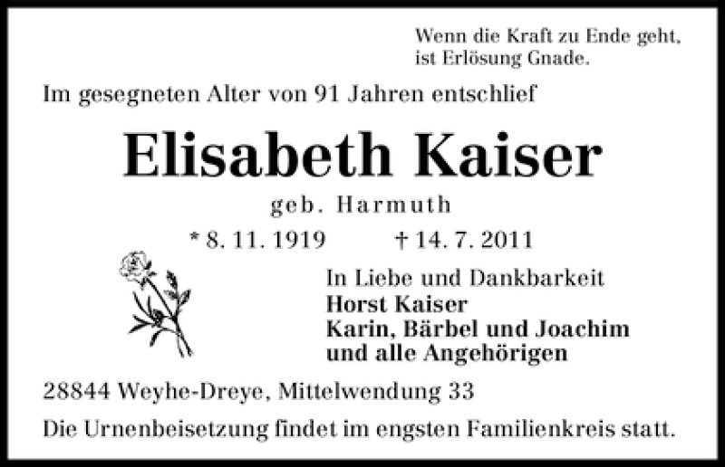 Traueranzeige von Elisabeth Kaiser von WESER-KURIER