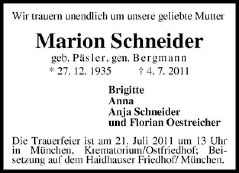Traueranzeige von Marion Schneider von WESER-KURIER