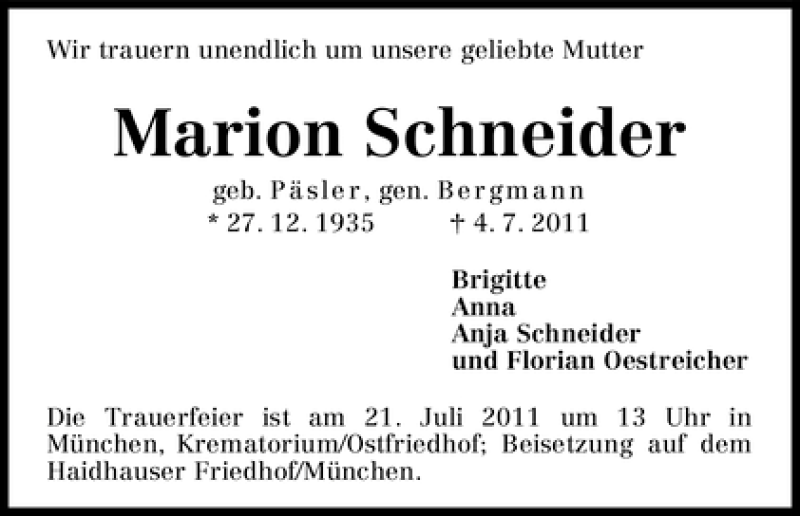 Traueranzeige von Marion Schneider von WESER-KURIER