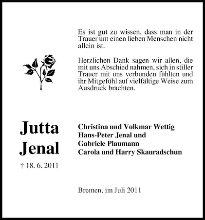 Traueranzeige von Jutta Jenal von WESER-KURIER