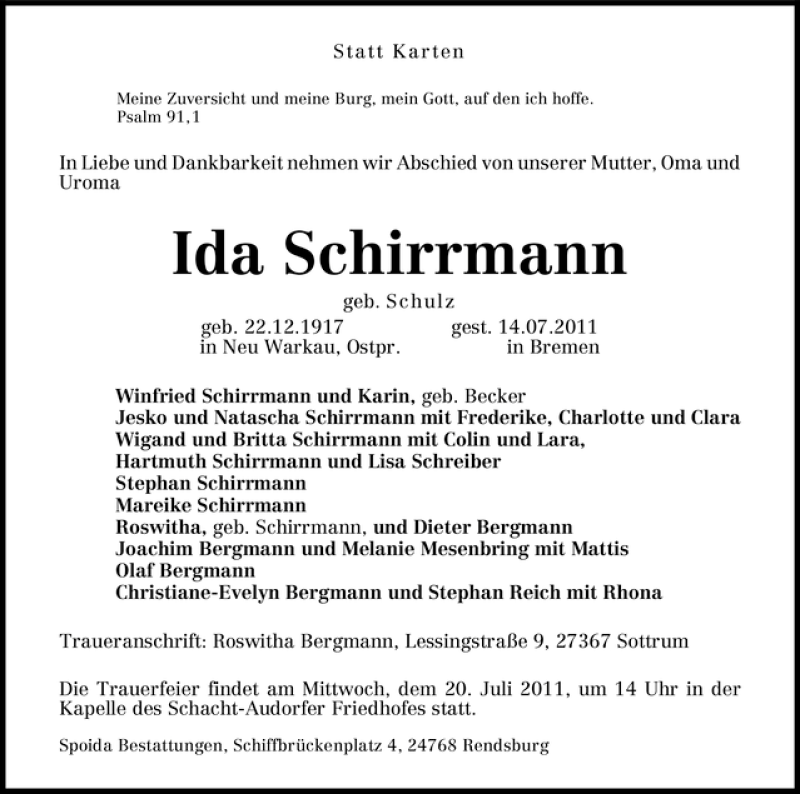 Traueranzeige von Ida Schirrmann von WESER-KURIER