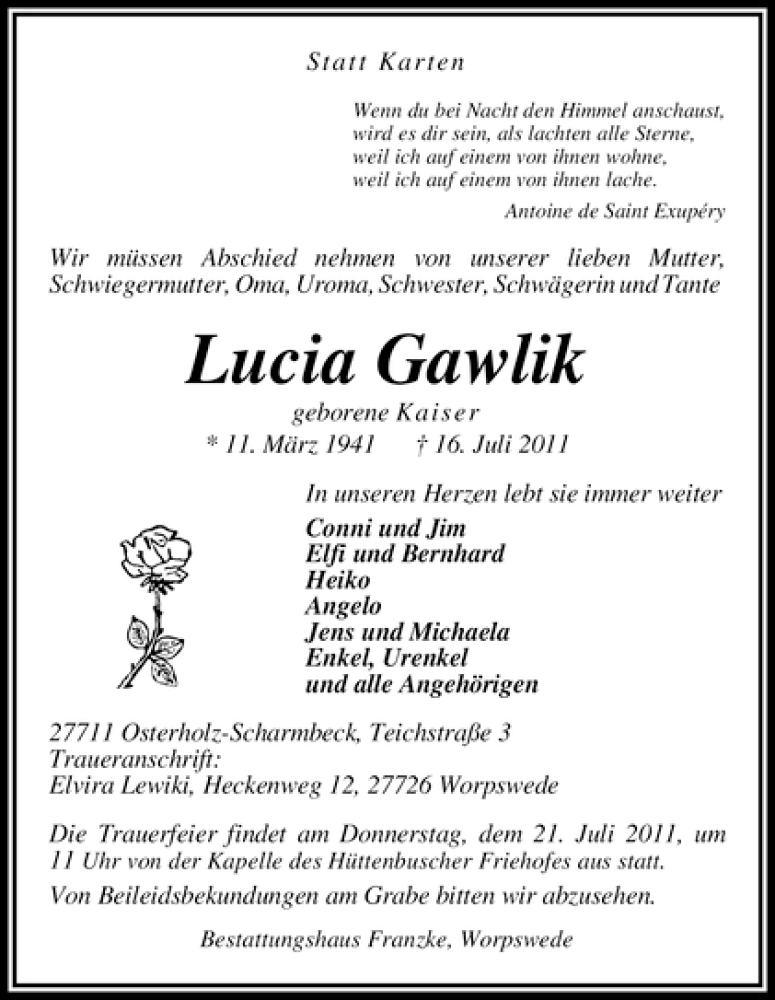 Traueranzeige von Lucia Gawlik von WESER-KURIER