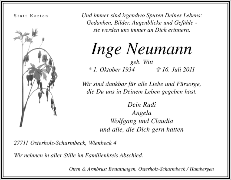 Traueranzeige von Inge Neumann von WESER-KURIER