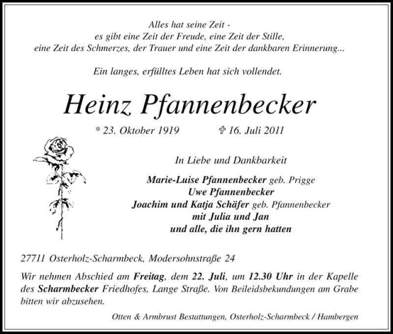 Traueranzeige von Heinz Pfannenbecker von WESER-KURIER